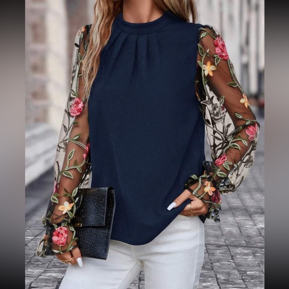 Luxe black floral embroidered mesh sleeve blouse - Picture 8 of 10